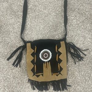Fringed Black and Tan Shoulder Bag